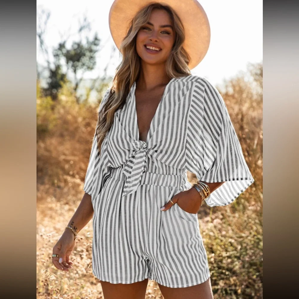 Gray Kimono sleeve romper with tie front and pockets - Picture 1 of 13